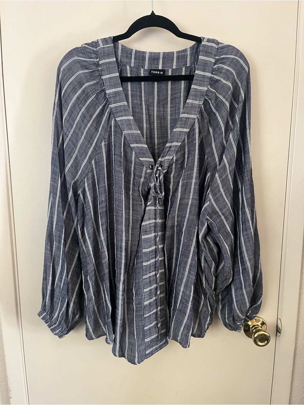 torrid Blue and White Striped Tie-Front Peasant Top